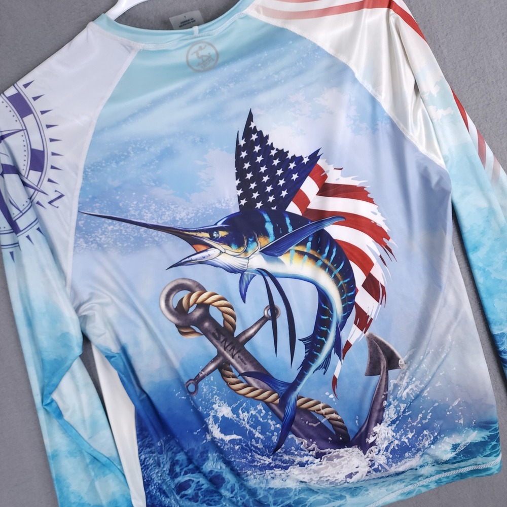 Uzzi Marlin Fishing Shirt Mens L Blue American Flag UPF 50 Performance Outdoor